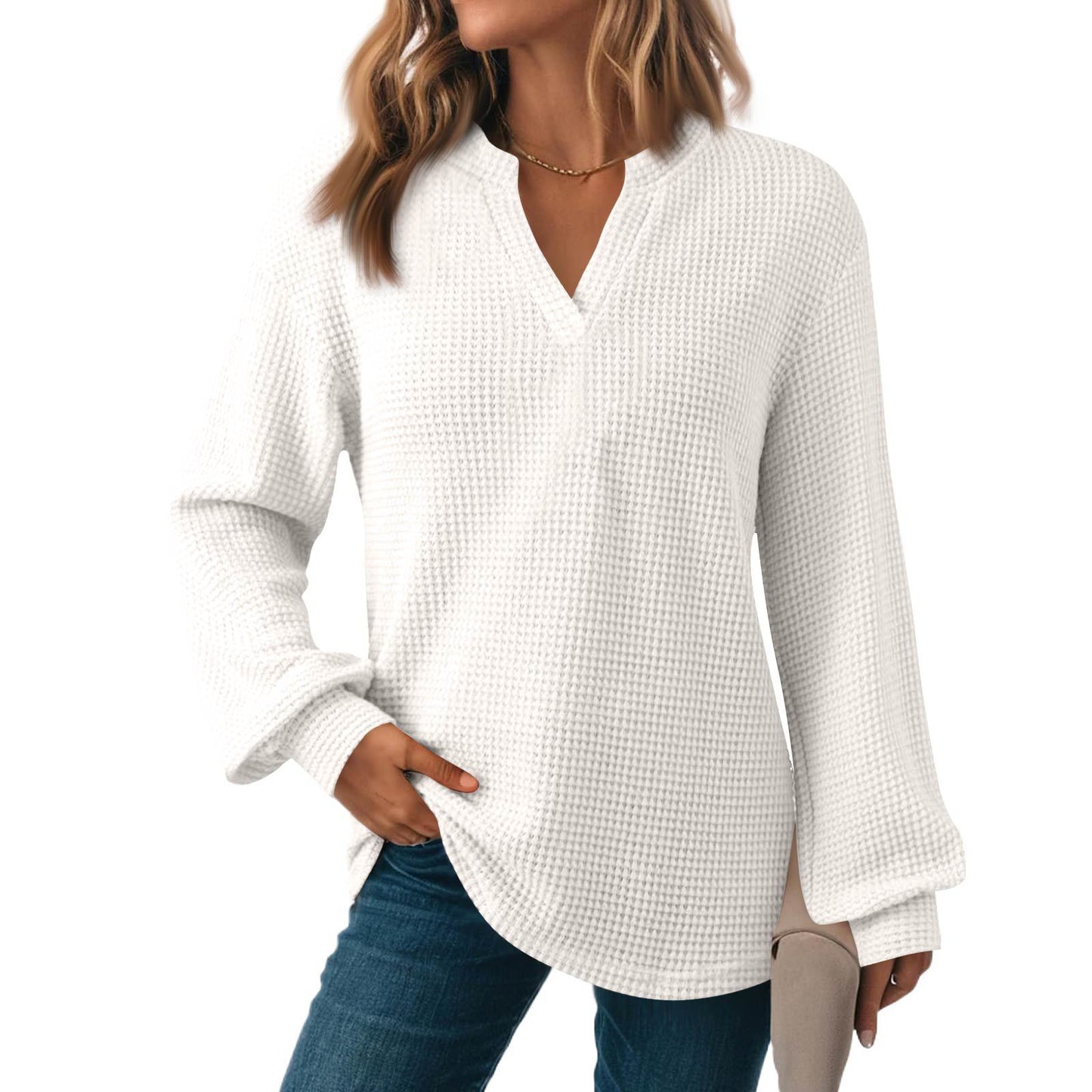 Women's Solid Color Waffle Loose Long Sleeve Women's Sweater, Sweater