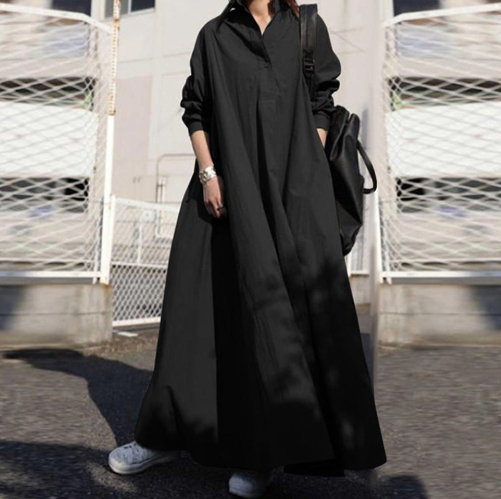 Women's Loose Long Sleeve Big Hem Solid Color Cotton Dress