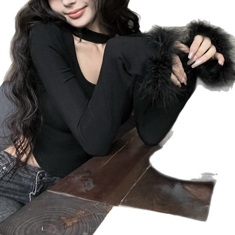 Winter Pure Sexy Hot Style Plush Stitching Collar T-shirt Blouses