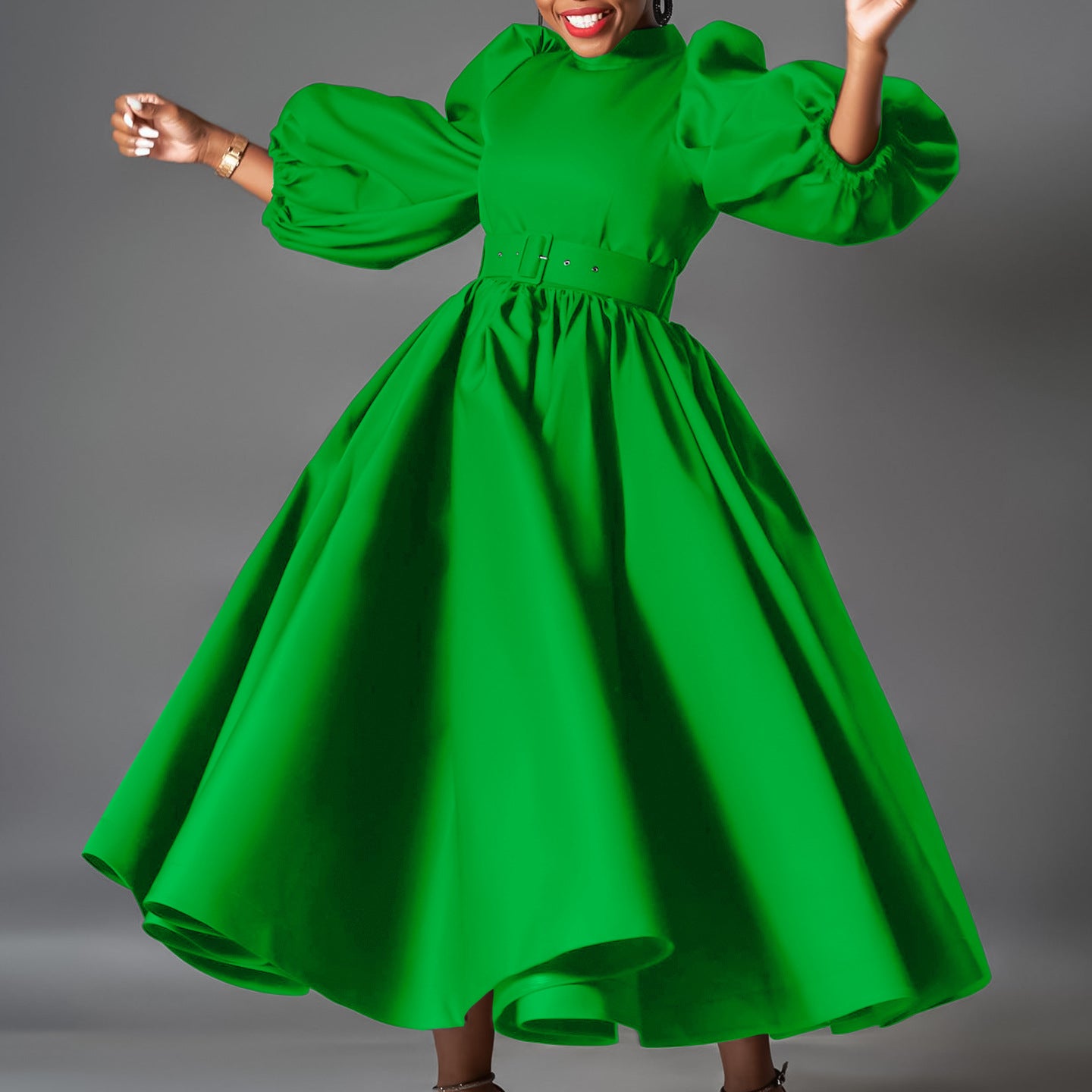 Women's Color Large Puff Sleeve Midi Dress Dresses