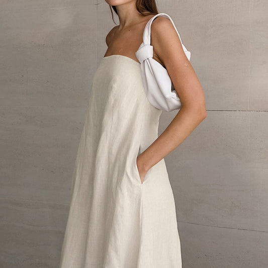 Women's Vacation Style French Dress Khaki Cotton Linen Tube Dresses