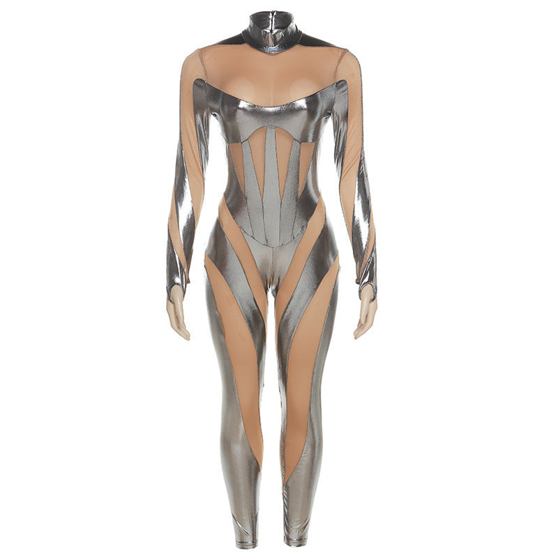 Women's Summer Stitching Mesh High Waist Zipper Slim Suits