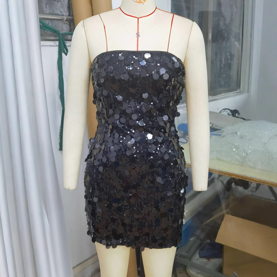 Women's Sexy Backless Black Paillette Dress Dresses