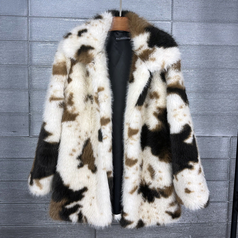 Women's Faux Fox Fur Cows Pattern Lapel Coats