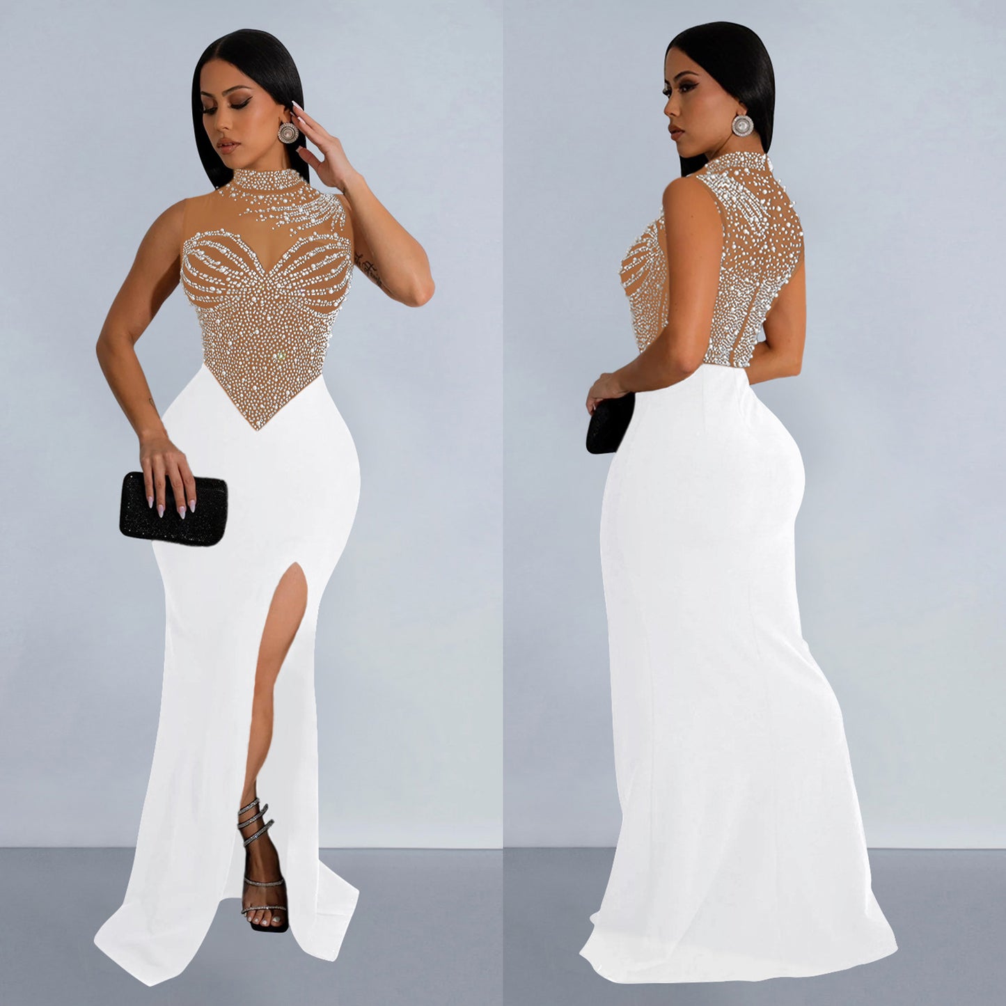 Women's Wear Pure Color Mesh Rhinestone Sleeveless Dresses