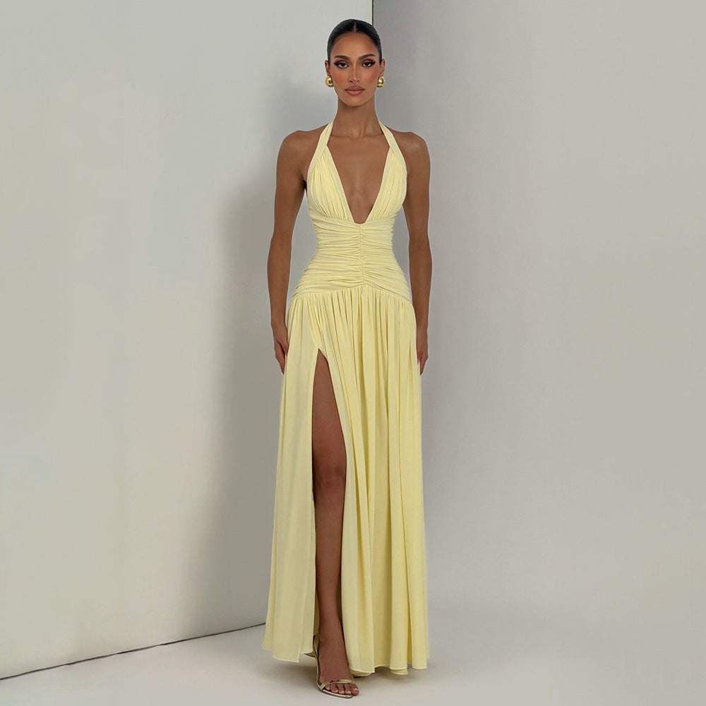 Women's Summer Banquet Style Solid Color Sexy Deep V Halter Backless Dress