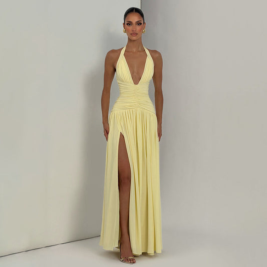 Women's Summer Banquet Style Solid Color Sexy Deep V Halter Backless Dress