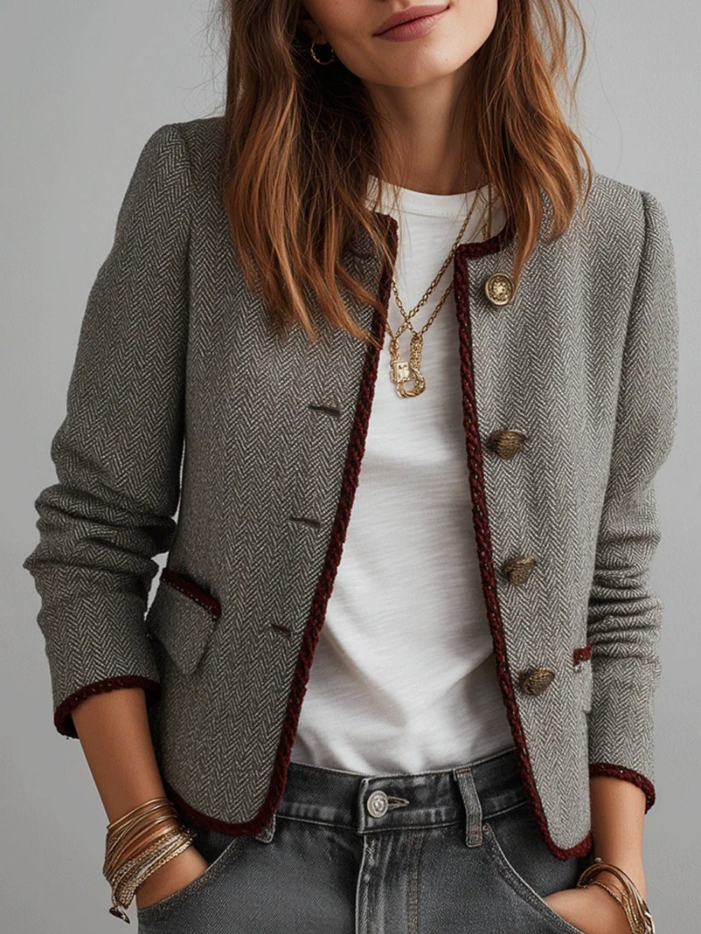 Women's Elegant Casual Herringbone Woolen Ribbon Jackets