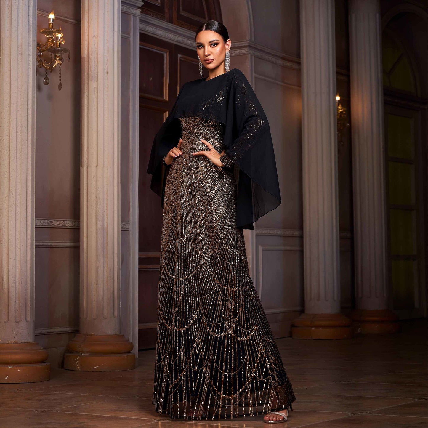 Women's Long-sleeved Round Neck Shawl Banquet Sequined Dresses