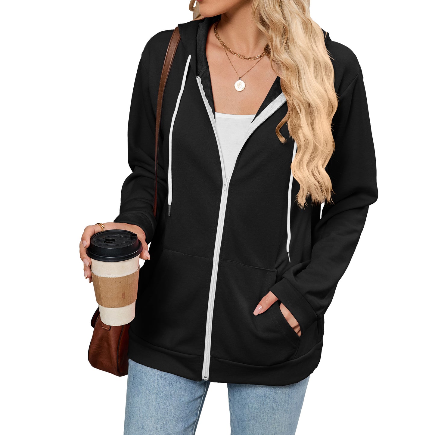 Women's Color Zipper Hooded Pocket Long Sleeve Tops