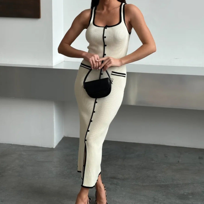 Women's Russian Contrast Color Single Row Slit Vests