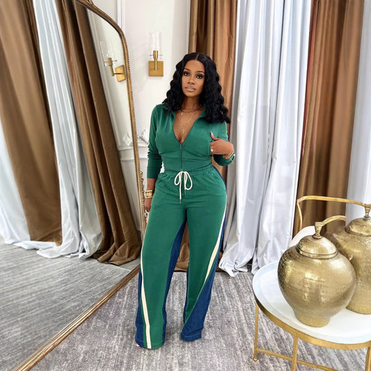 Women's Denim Thread Stitching Sport Two-piece Pocket Suits