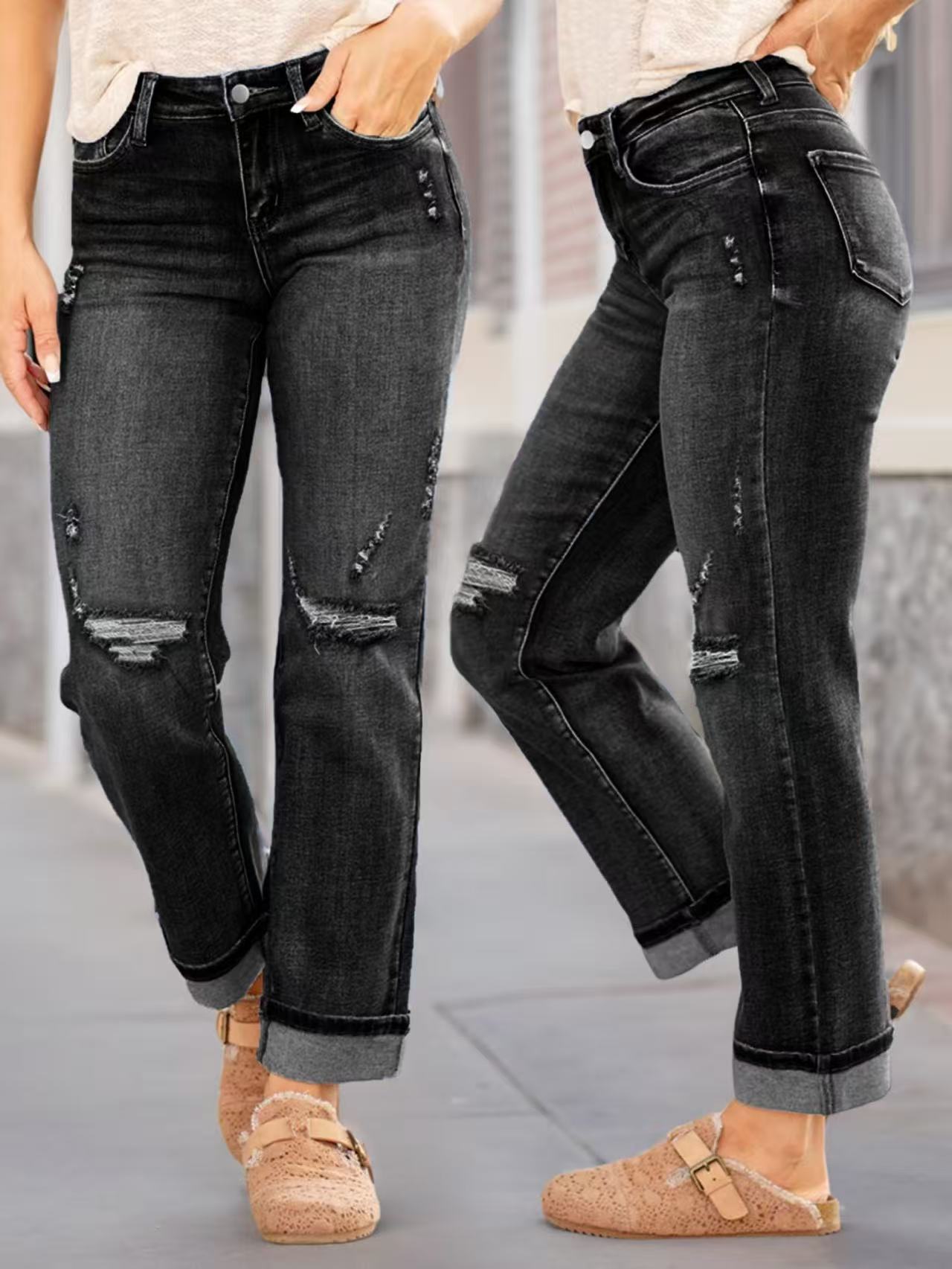 Women's Comfortable Ripped Elastic Straight Denim Trousers Women's Jeans