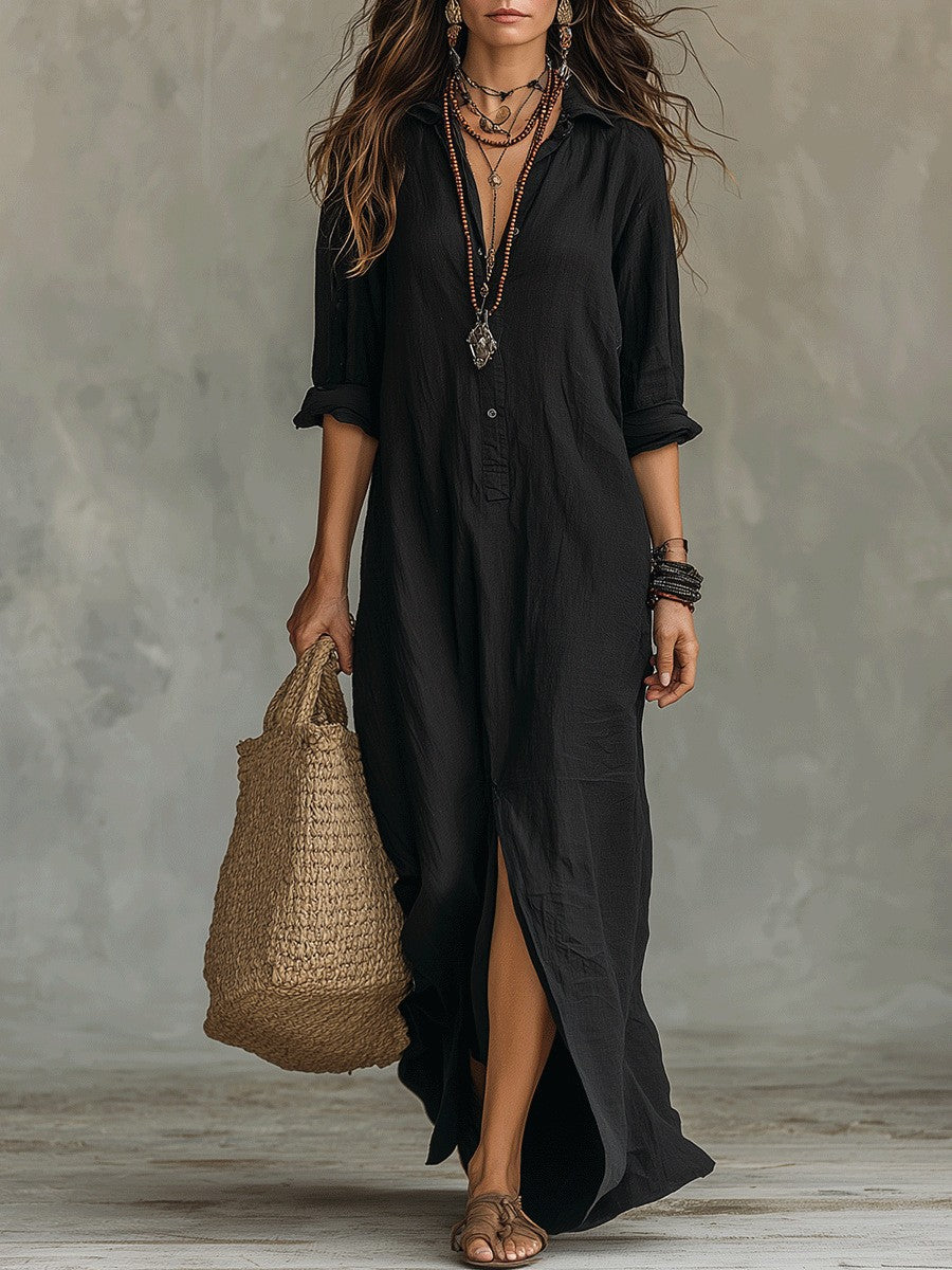 Shirt Collar Floor Casual Slit Long Dress