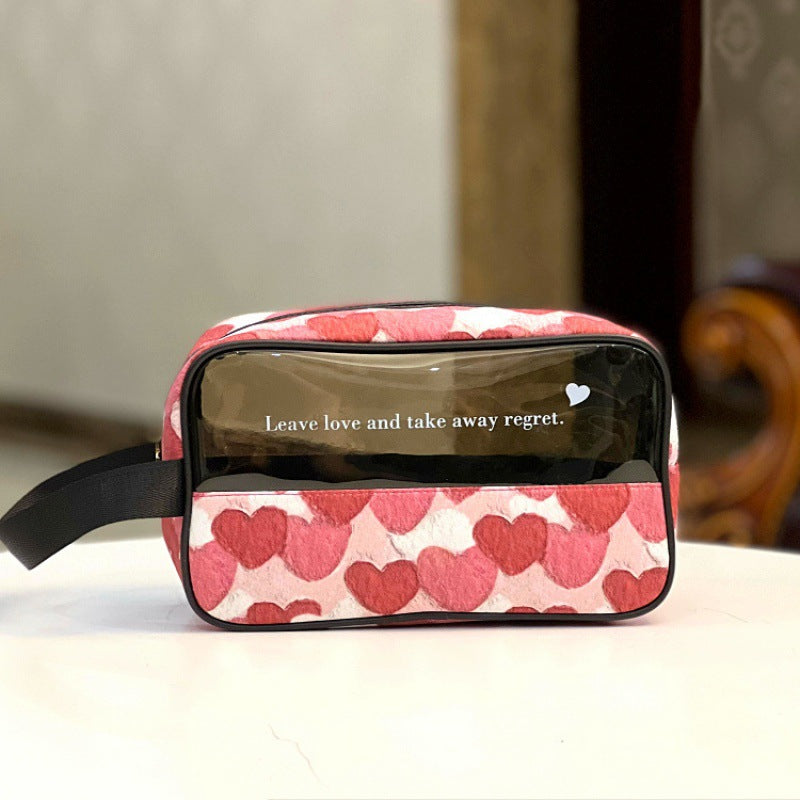 Zipper Translucent Love Peach Heart Flocking Large Capacity Portable Handbags