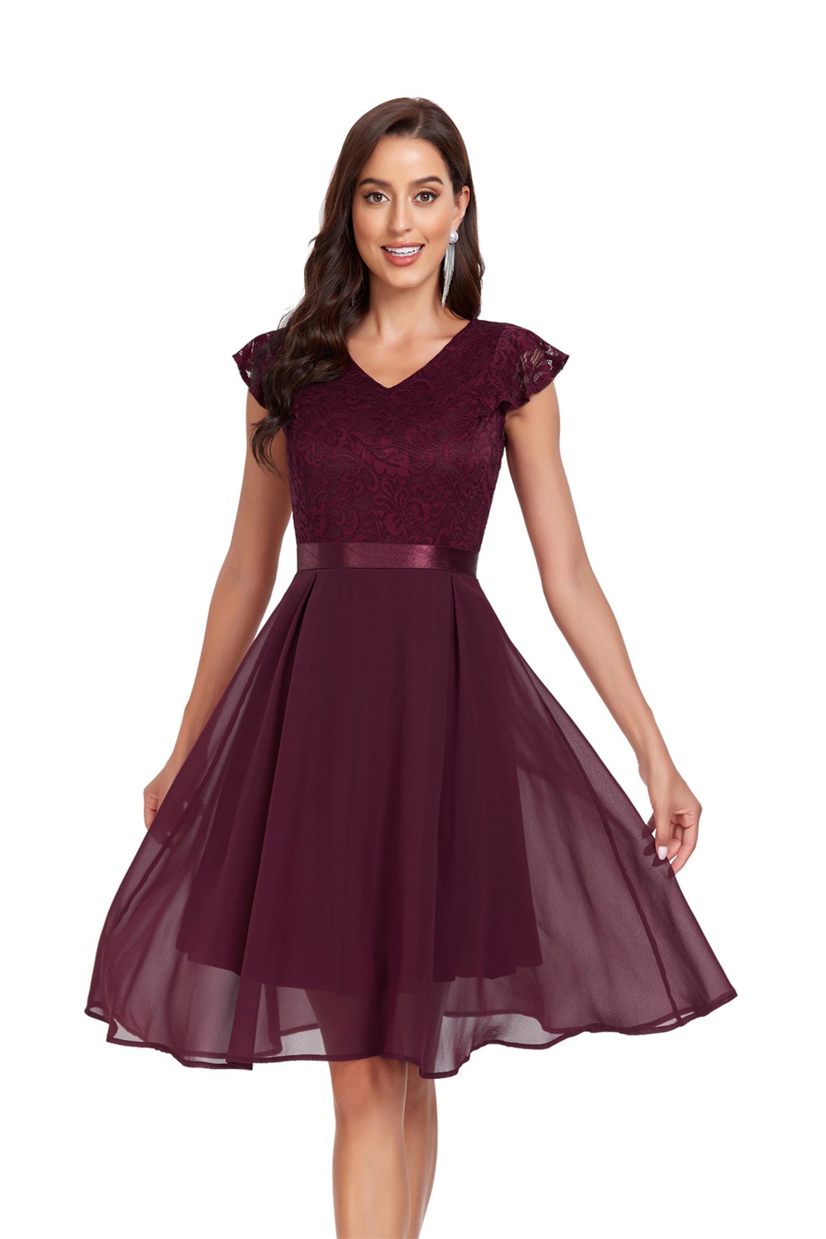 Women's Retro Short-sleeved Lace Chiffon Temperament Mid-length Dresses