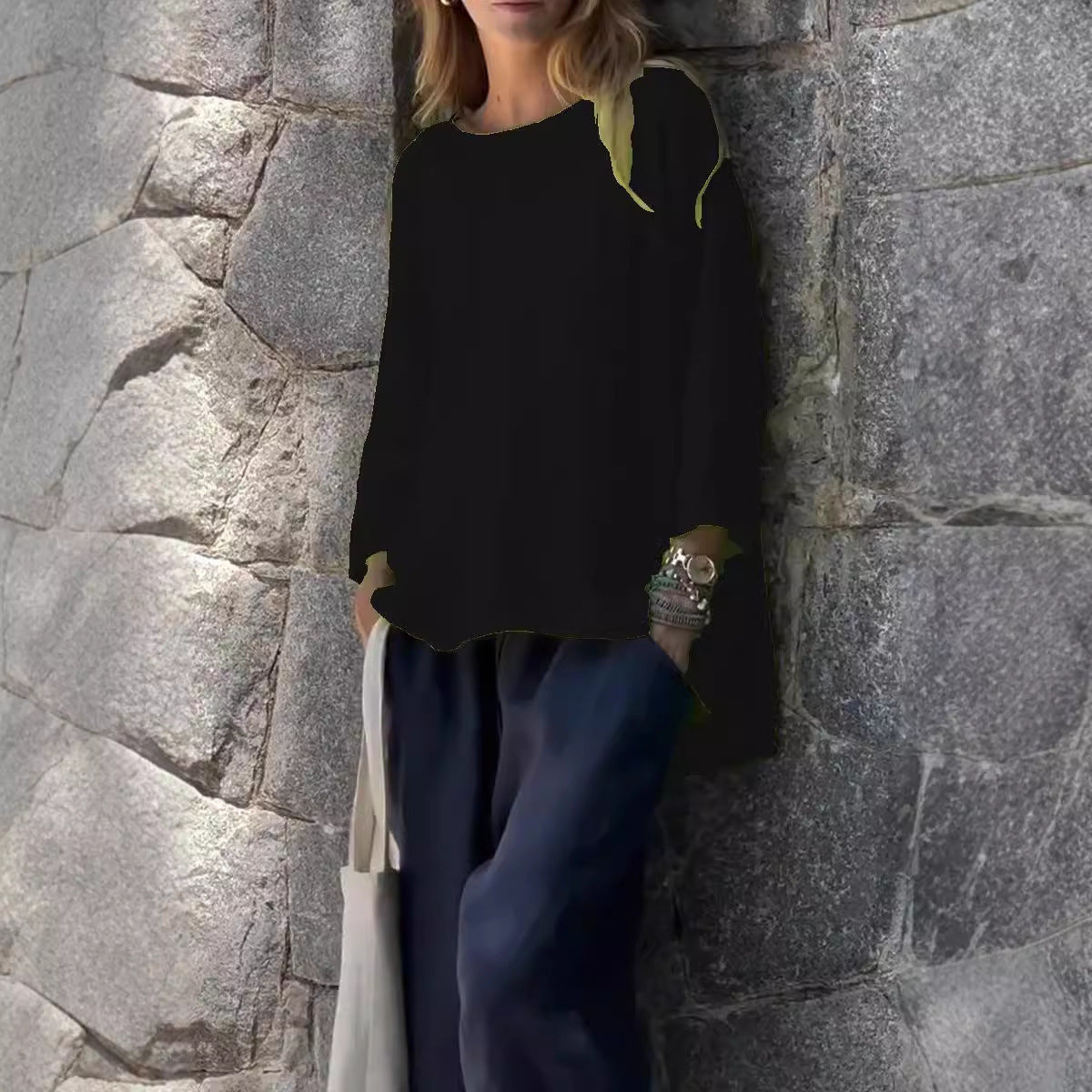 Women's Sleeve Round Neck Cotton Linen Loose Tops
