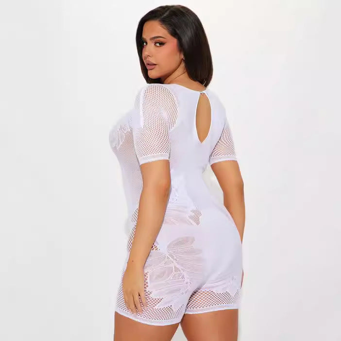 Women's Knitted Sexy With Diamonds Pure White Sleeve Hollowed Jumpsuits