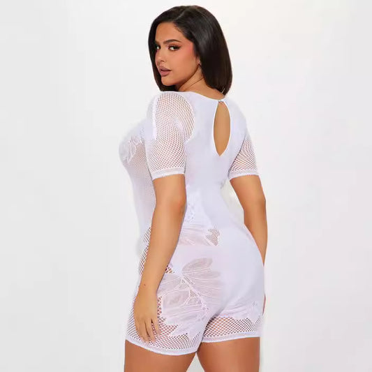 Women's Knitted Sexy With Diamonds Pure White Sleeve Hollowed Jumpsuits