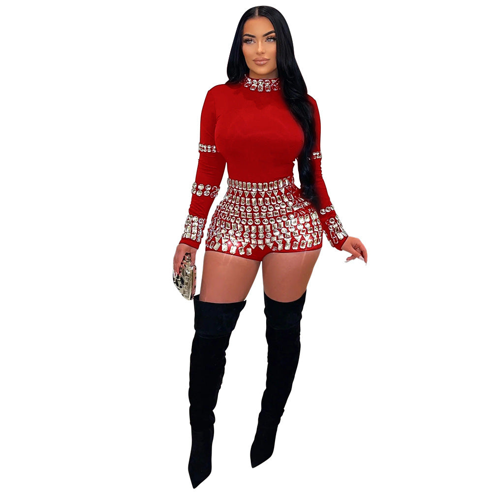 Women's Fashion Rhinestone Slim Fit Bodysuit Party Jumpsuits