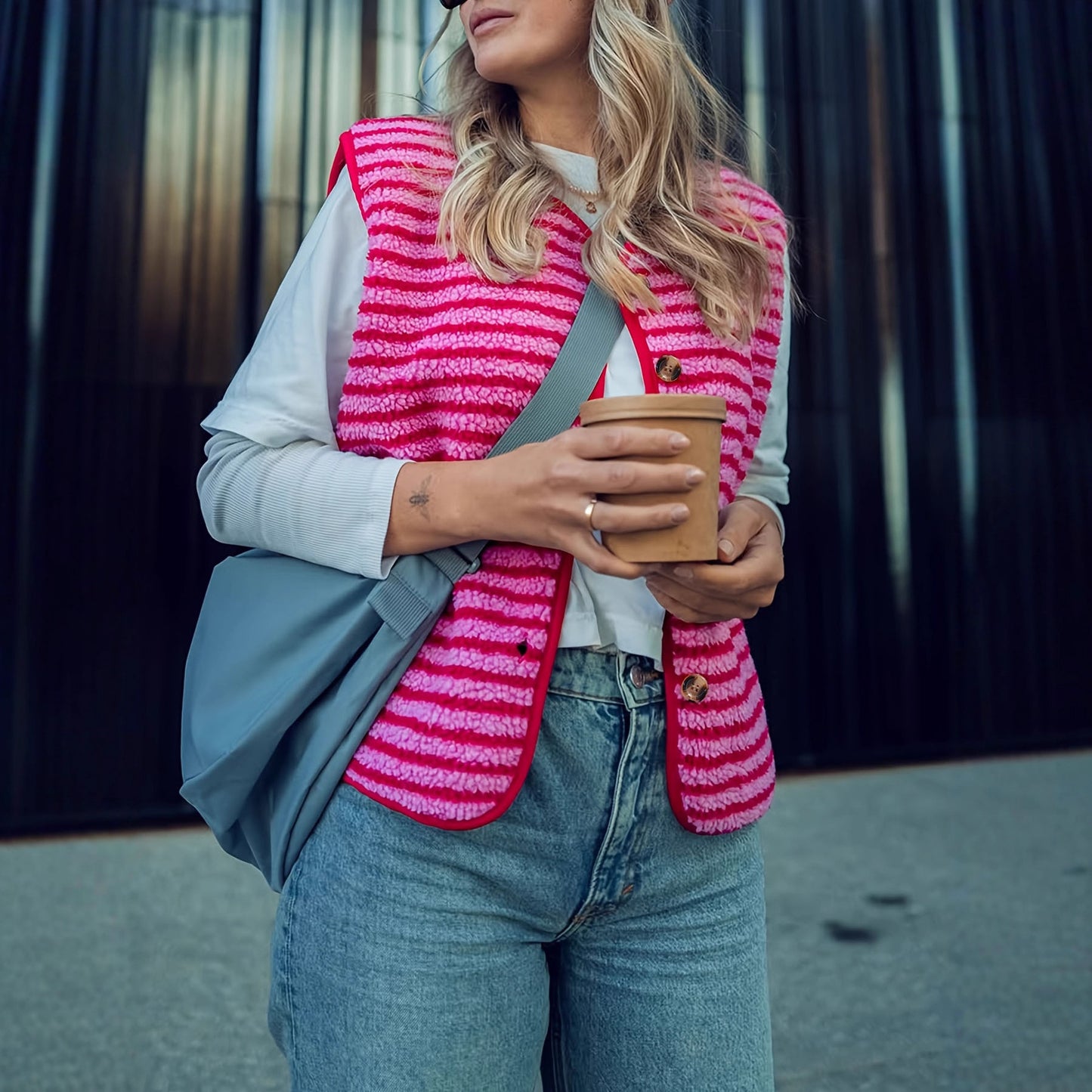 Women's Spring Side Pocket Plush Striped Waistcoat Women's Vest