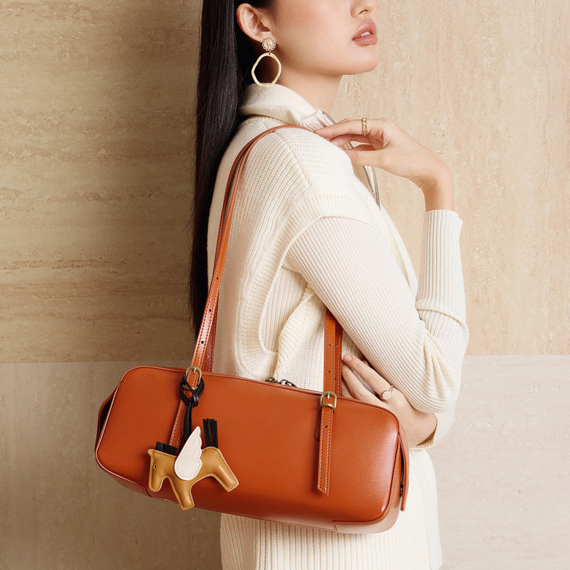 Women's Genuine Leather Underarm Retro Bowling Niche Vegetable Tanned Bags