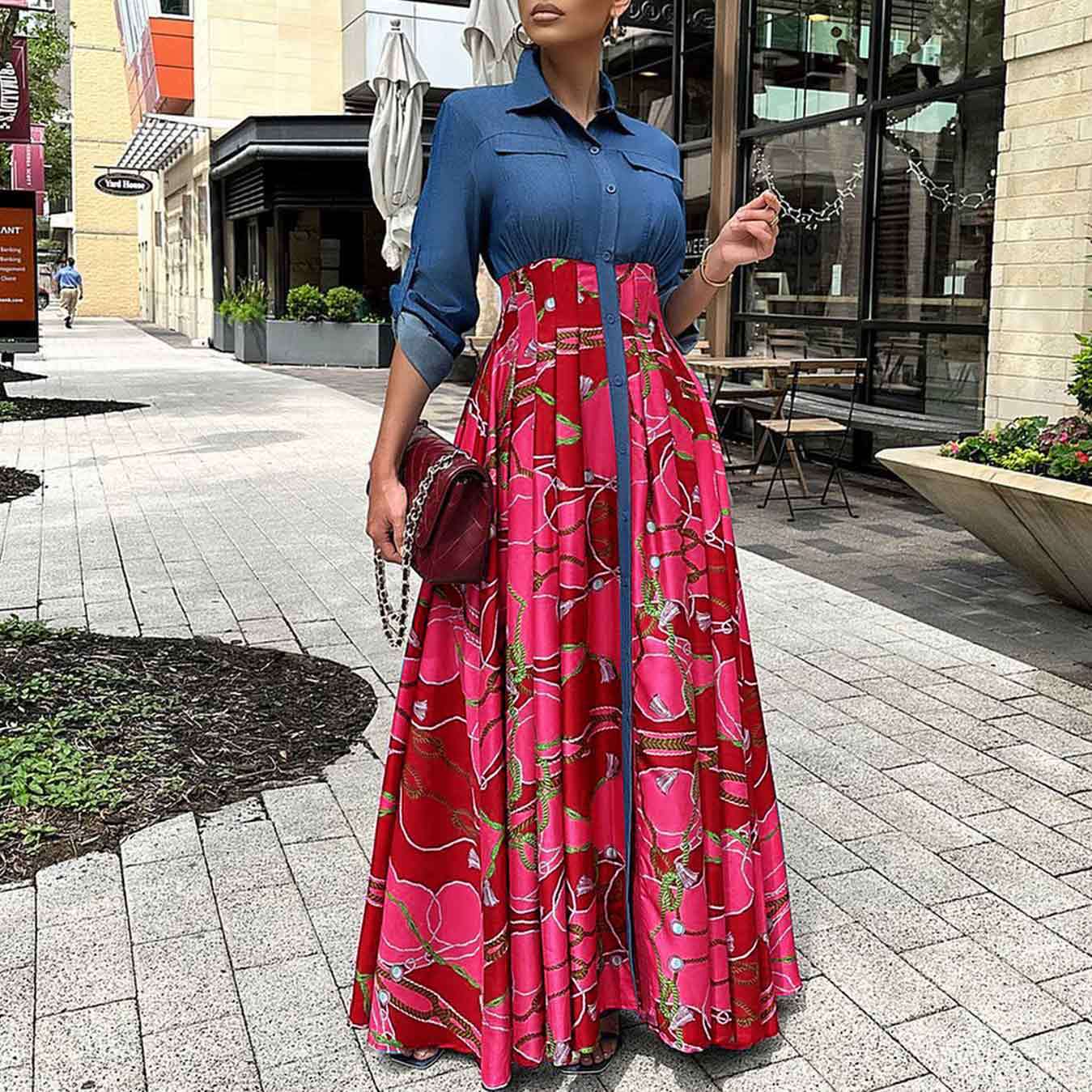 Women's Large Fashion Casual Denim Stitching Printing Dress