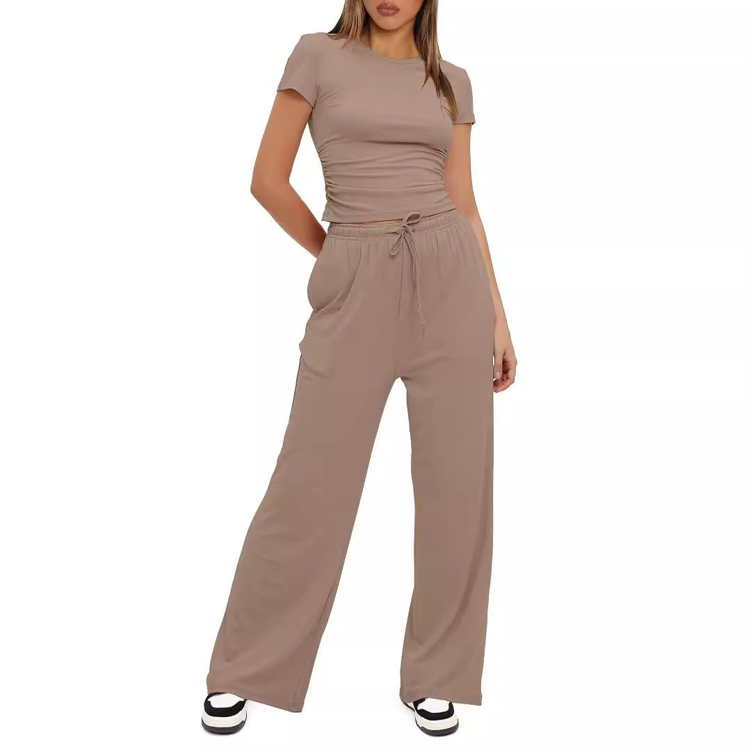 Solid Color Pleated Sleeve High Waist Wide Shorts