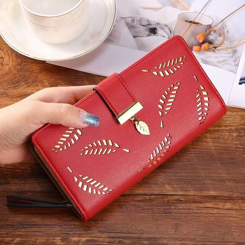 Women's Hollow Leaf Billfold Leather Korean Style Two Fold Long Ladies Wallets