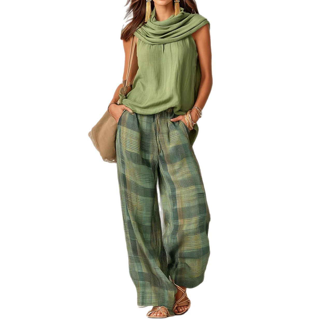 Beautiful Women's Retro Style Sleeveless Plaid Fashion Casual Suit
