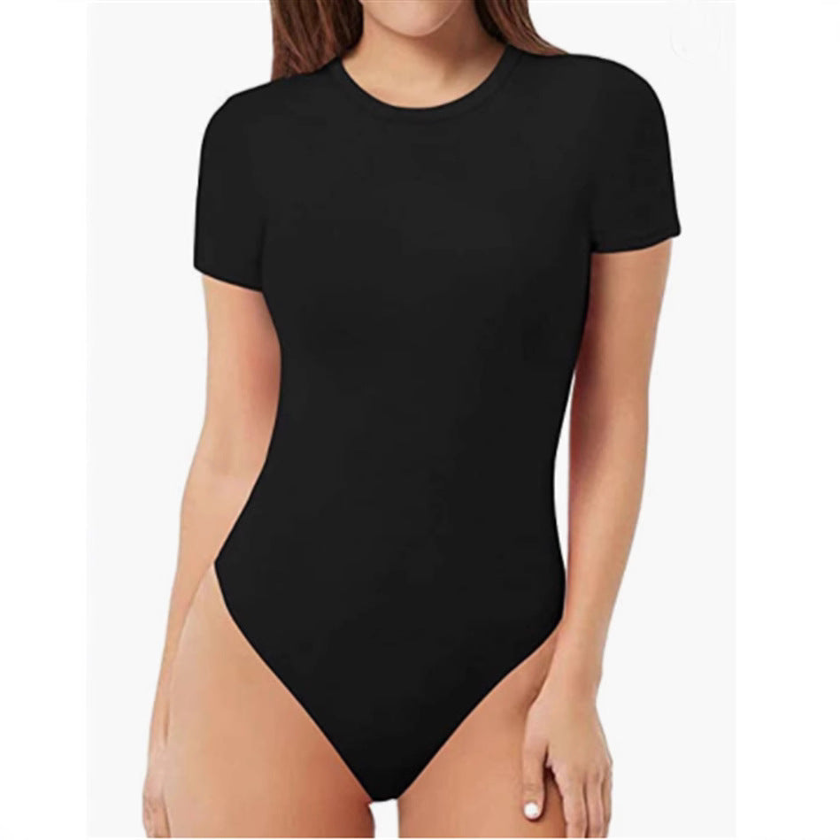 Women's Short-sleeved Round Neck Solid Color Swimsuit Jumpsuits
