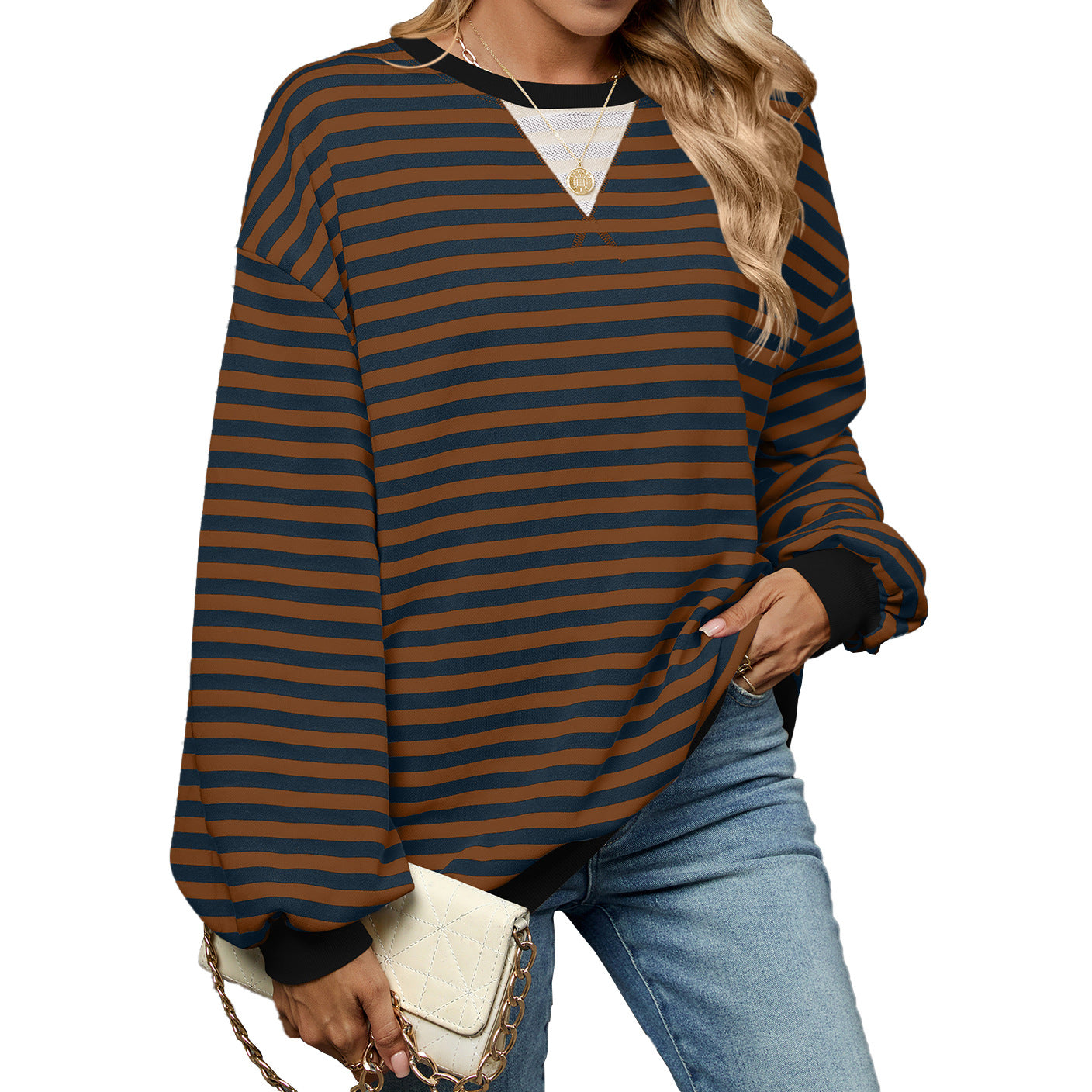 Women's Color Contrast Patchwork Loose Long Sleeve Striped Round Neck Sweaters