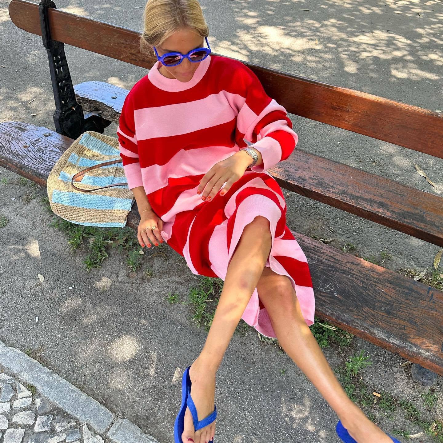 Striped Loose Long Temperament Knitted Dress Dresses