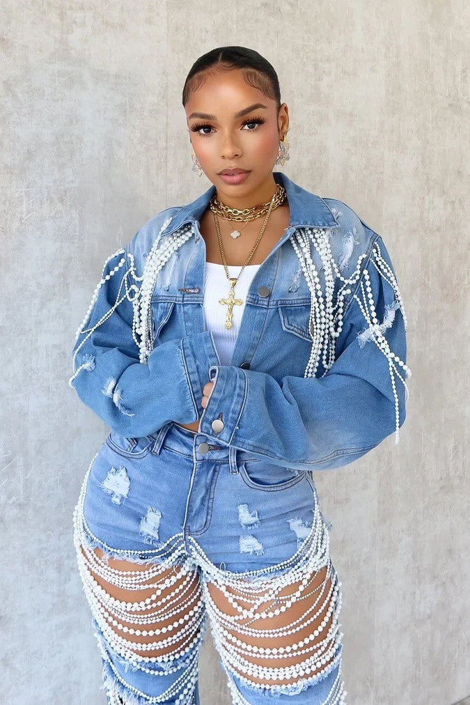 Women's Denim Fashion Pearl Chain Handmade Beaded Jackets