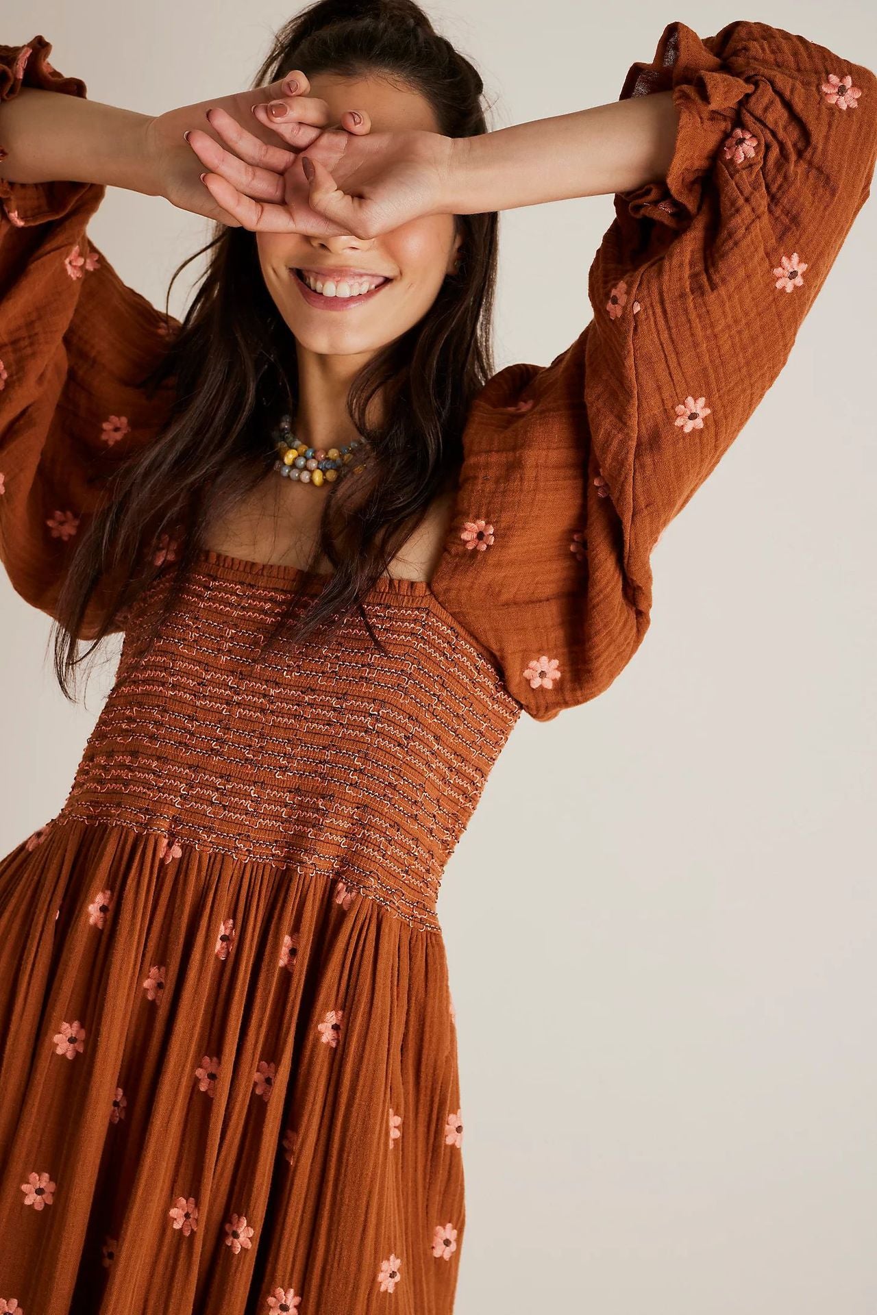 Autumn Casual Bell Sleeve Smocking Embroidered Square Dresses