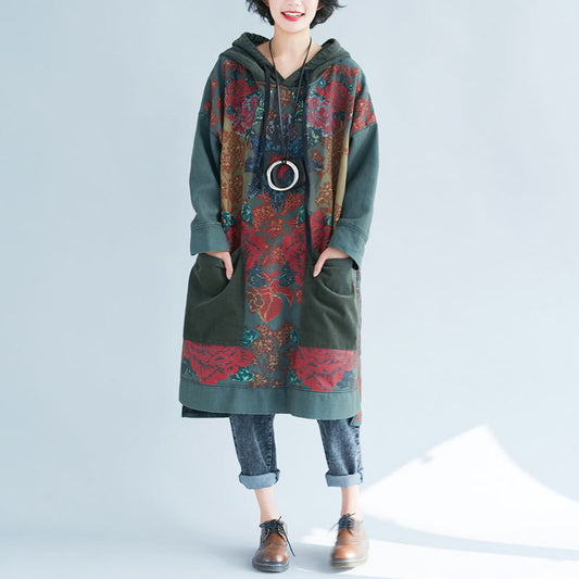 Women's Hooded Mid-length Ethnic Print Retro Distressed Dresses
