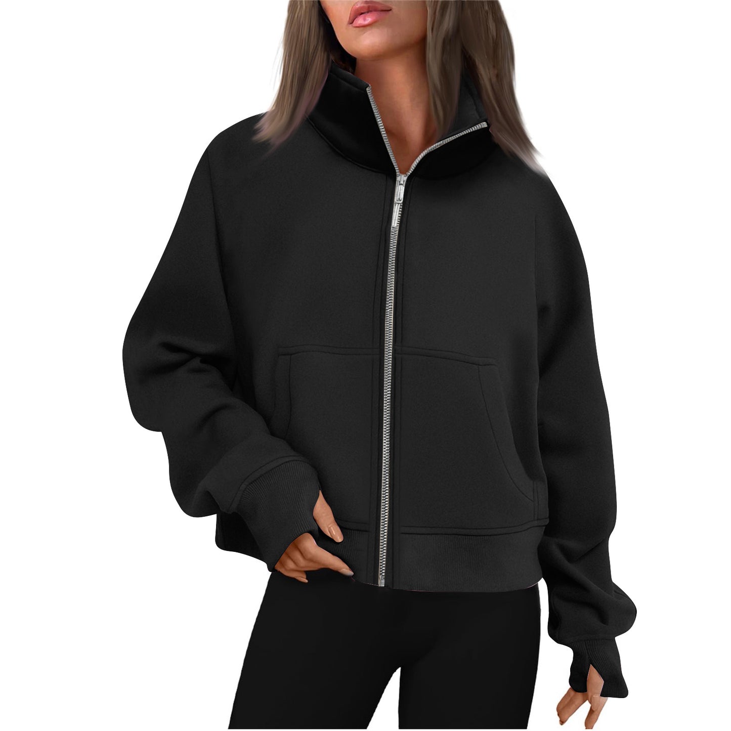 Women's Long Zipper Stand Collar Thumb Hole Brushed Women's Sweater, Sweater