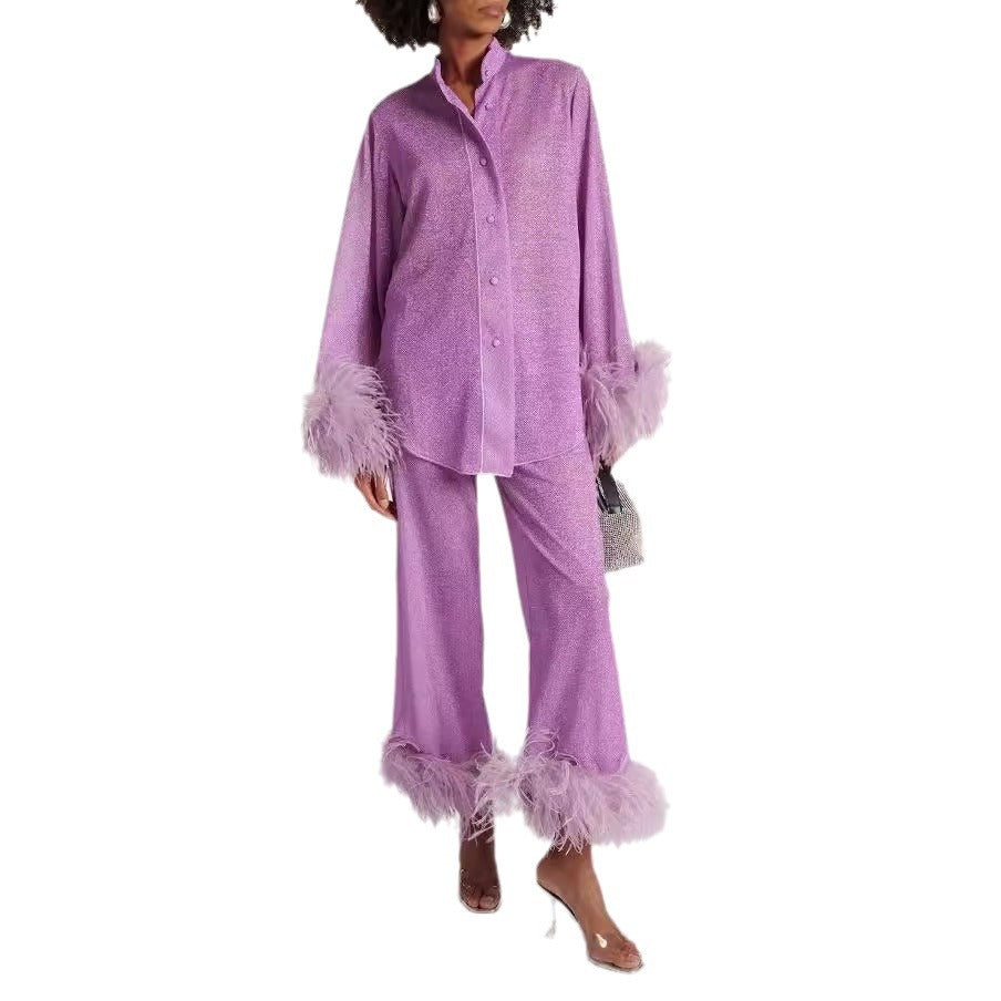 Design Long Sleeve Feather Stand Collar Fashion Suits