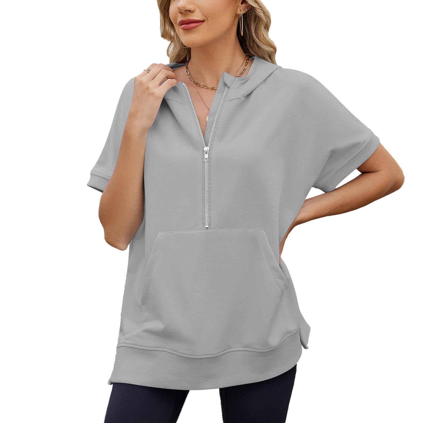 Loose Sleeve Zipper Pocket Thin Hoodies Women's Sweater, Sweater