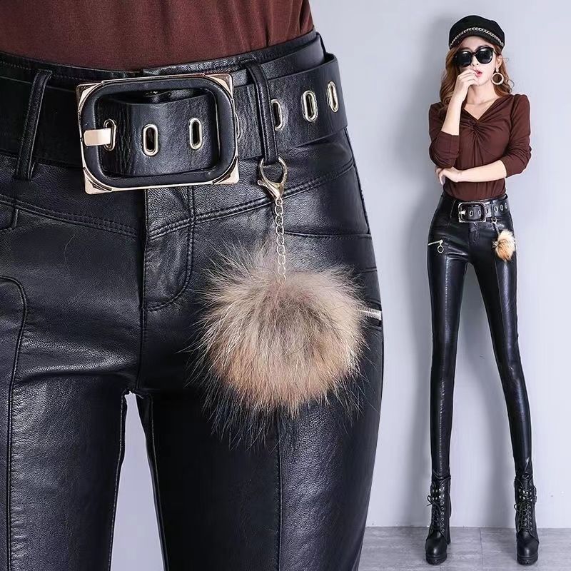 Women's Leather Outer Perforating Fleece-lined Thickened Elastic Pants