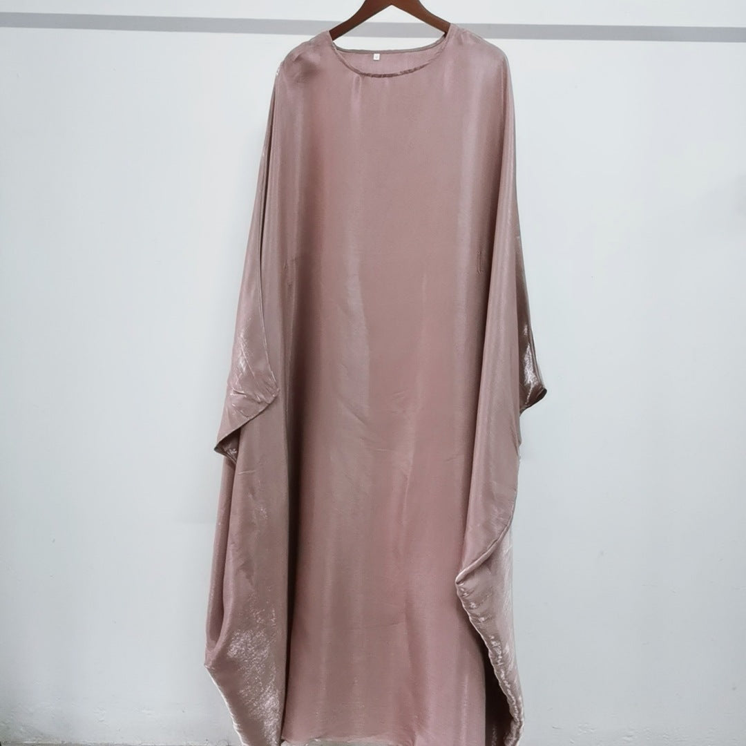 Solid Color Loose Simple Shiny Satin Robe Batwing Dress