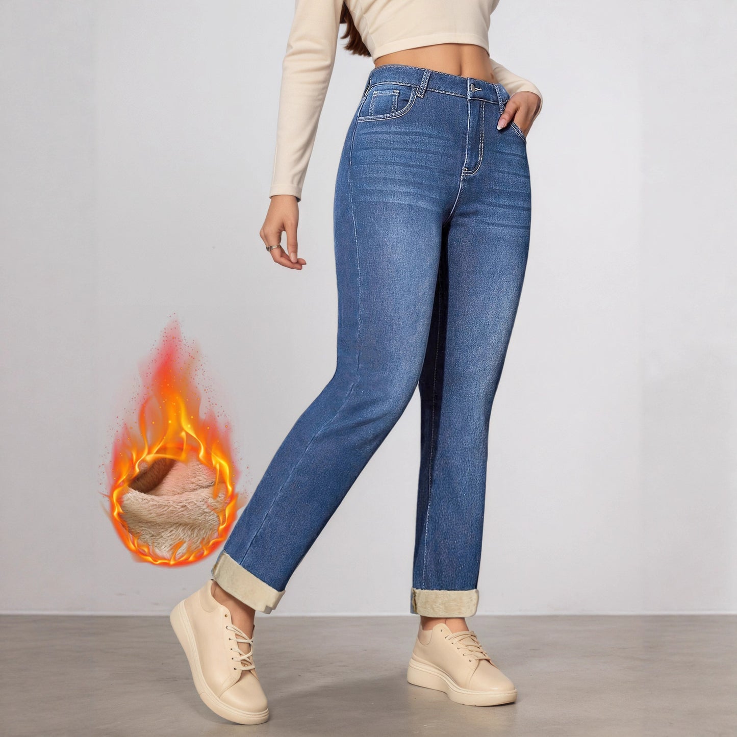 Women's Fleece-lined Elastic Tight-fitting Hem Solid Color Jeans