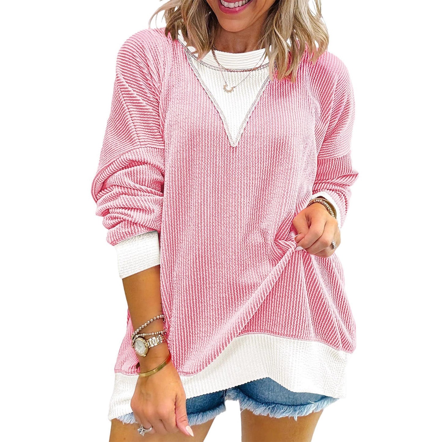 Women's Casual Loose Color Matching Round Neck Long Women's Sweater, Sweater