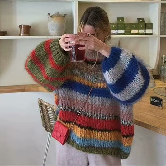 Women's Younger Fashion Versatile Round Neck Long Sleeve Rainbow Knitwear