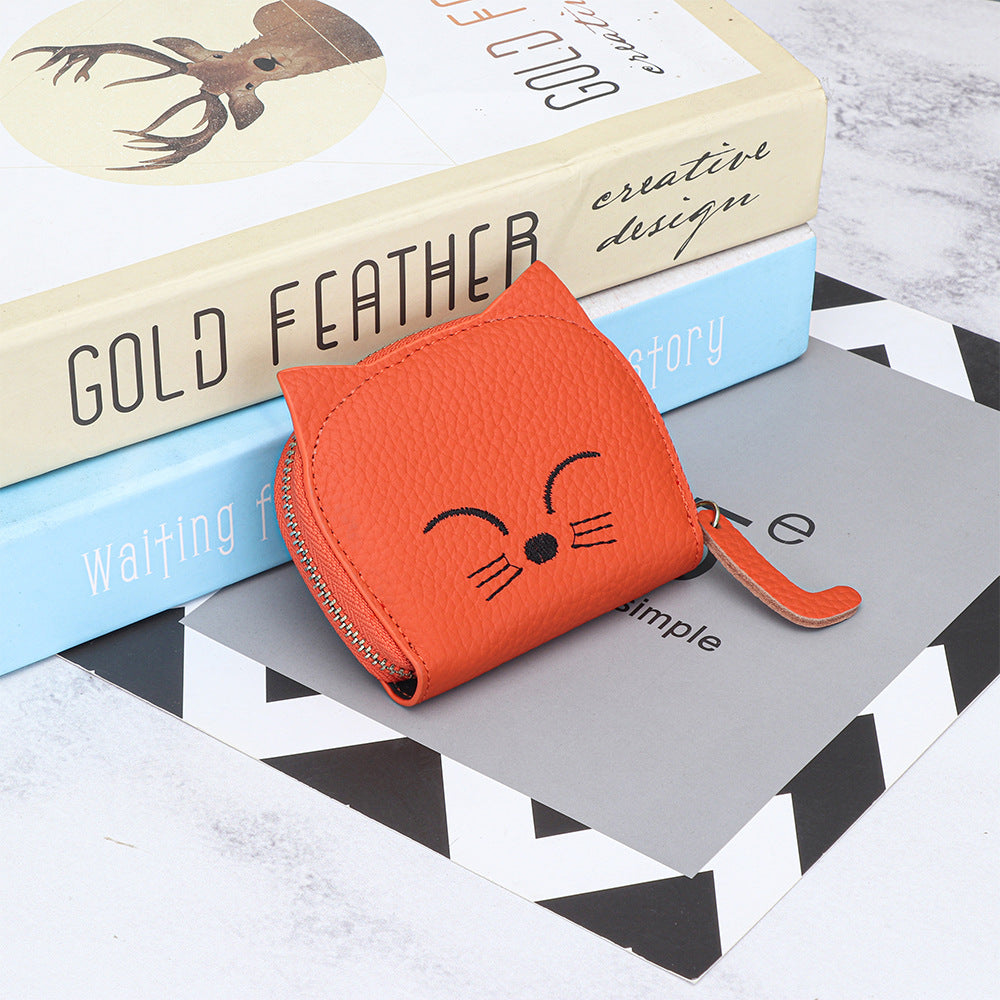 Women's Cartoon Cute Embroidery Cat Genuine Leather Bags