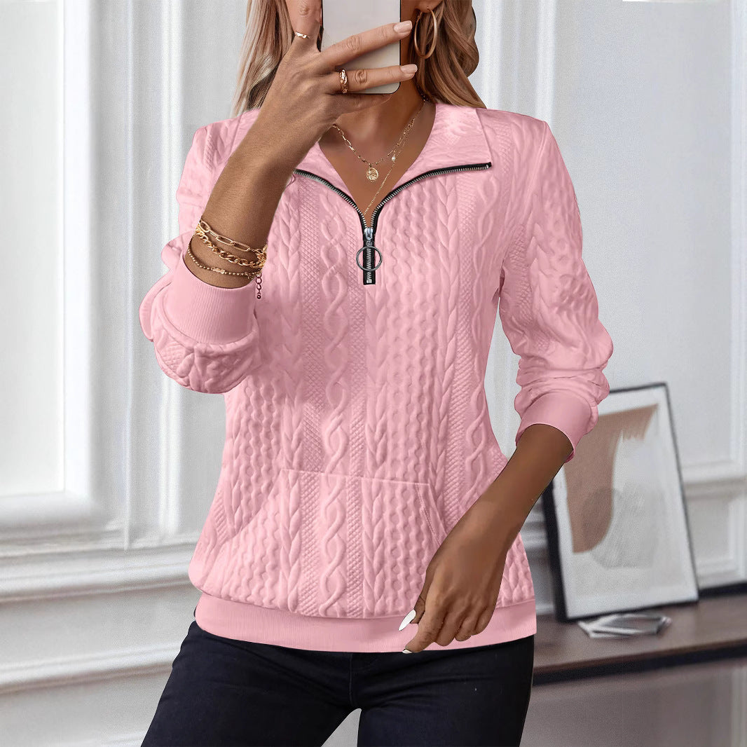 Charming Casual Lapel Sleeve Zipper Pocket Women's Sweater, Sweater