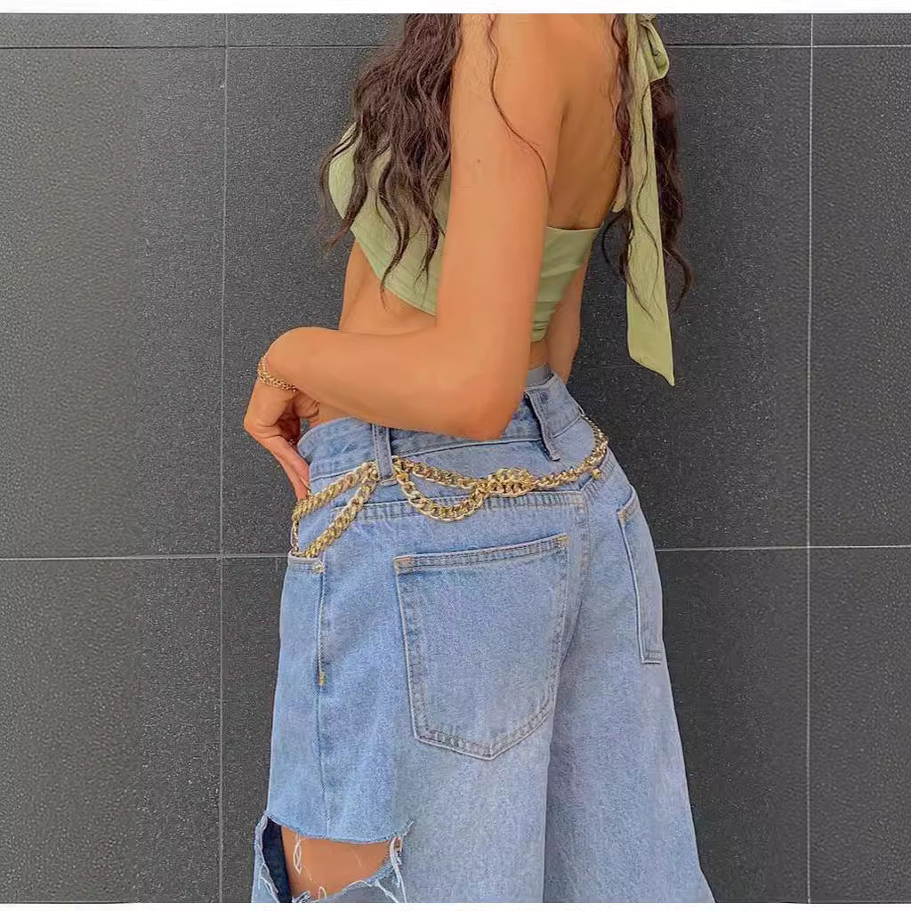 Women's Fashionable Oblique Waist Low Loose Hole Women's Jeans