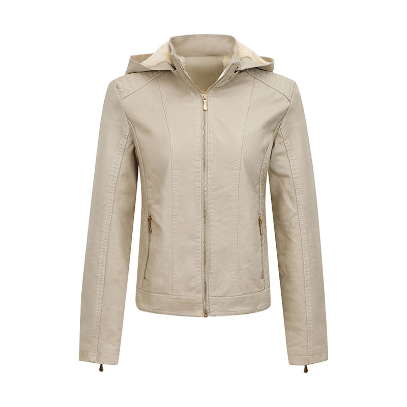 Women's Large Fleece-lined Thickened Leather Hooded Slim Coats