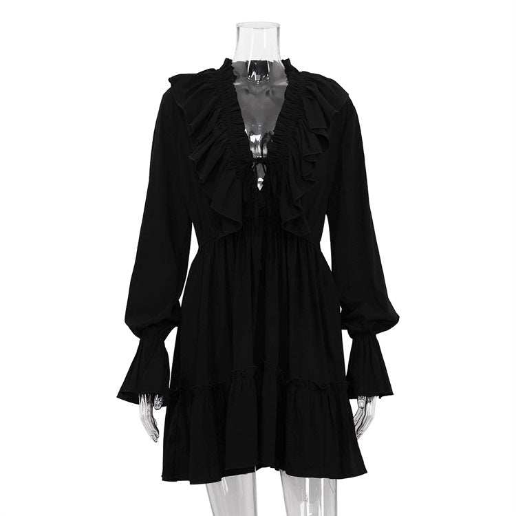 Women's Fashionable Pleating Bell Sleeve Ruffled White Dress Spring Dresses