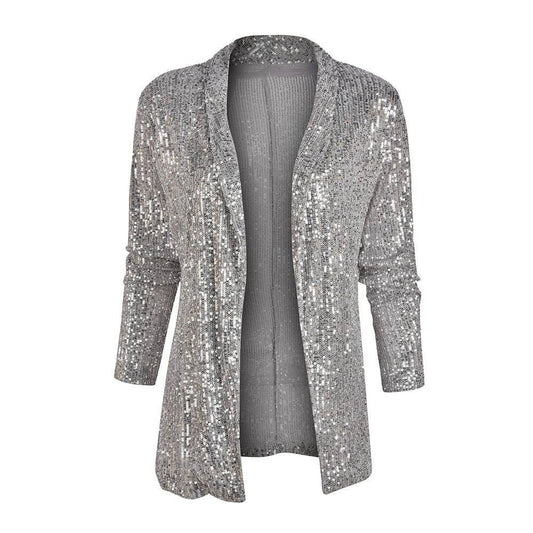 Women's Spring Sequined Long Sleeve Elegant Mid-length Small Polo Collar Blazers